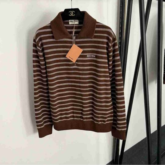 Miu Miu Chocolate and Cream Striped Polo Sweater - Picture 1 of 7